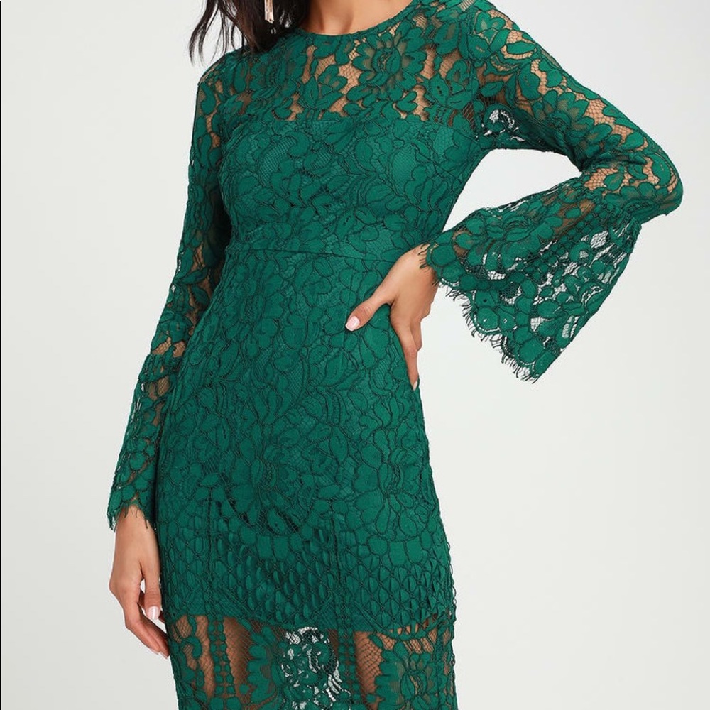 Enrapturing Elegance Green Lace Long Sleeve Midi Dress